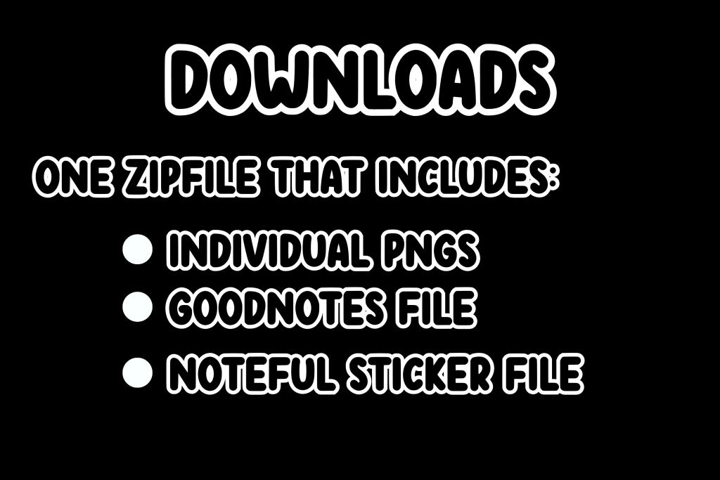 Photo showing what's included in the downloads file. Reads as follows: Downloads, One zipfile  that includes individual pngs, goodnotes file and noteful sticker file