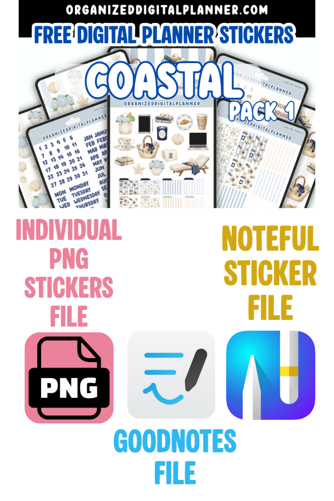 Free Digital Stickers - Coastal Pack 1 - Download file includes individual pngs, Goodnotes file and noteful file