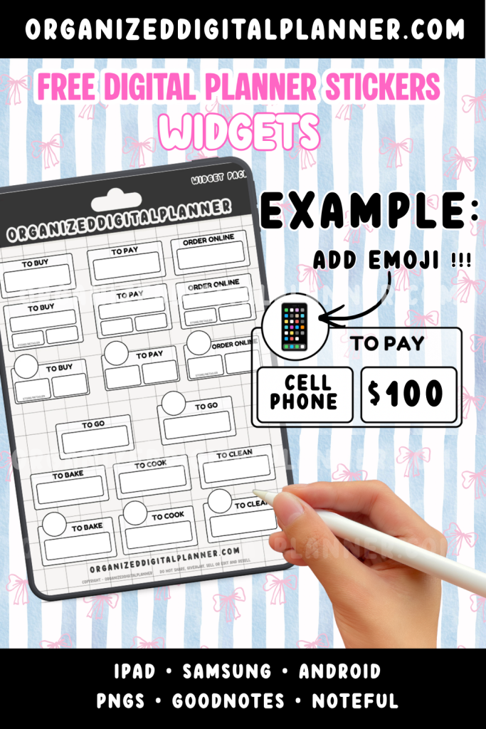 Free Digital Planner stickers for iPad, Samsung tab and Android tablet.