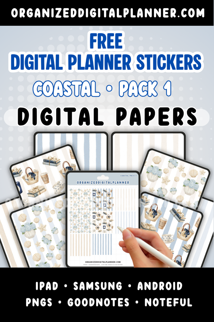 Free Digital Planner Stickers - Coastal Pack 1. Digital Papers of patterns that can be used with IPad, Samsung Tab, Android. PNGs, Goodnotes, Noteful